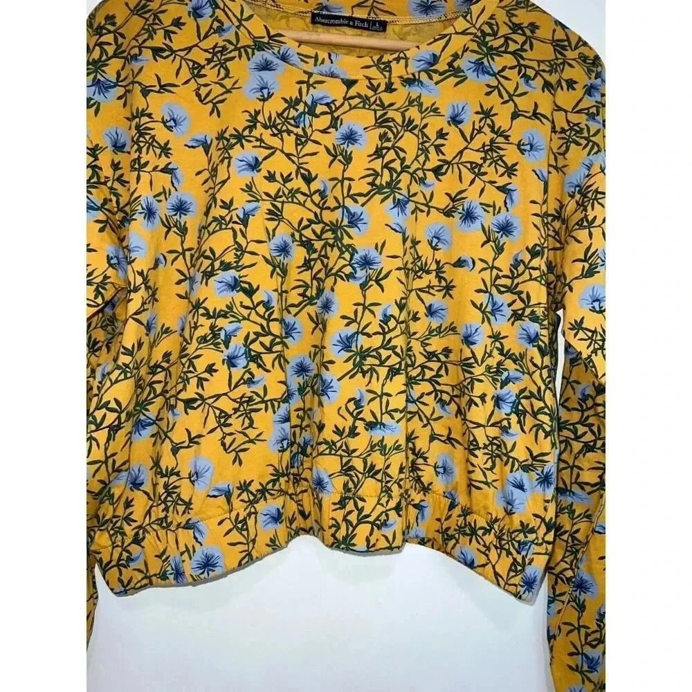 Abercrombie & Fitch sz LARGE yellow floral crop top long sleeve shirt NWT - Picture 4 of 6